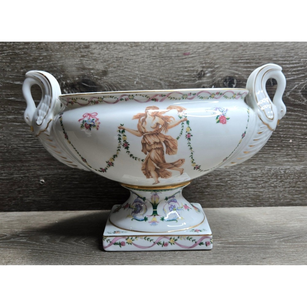 Vintage Neoclassical Ornate Porcelain Nymph Floral Centerpiece Bowl Swan Handle